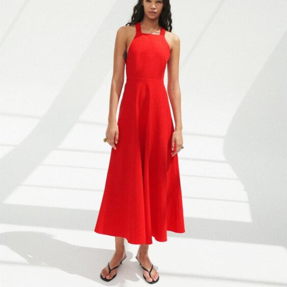 NWT ZARA LINEN BLEND DRESS S INTENSE RED | 3067/305